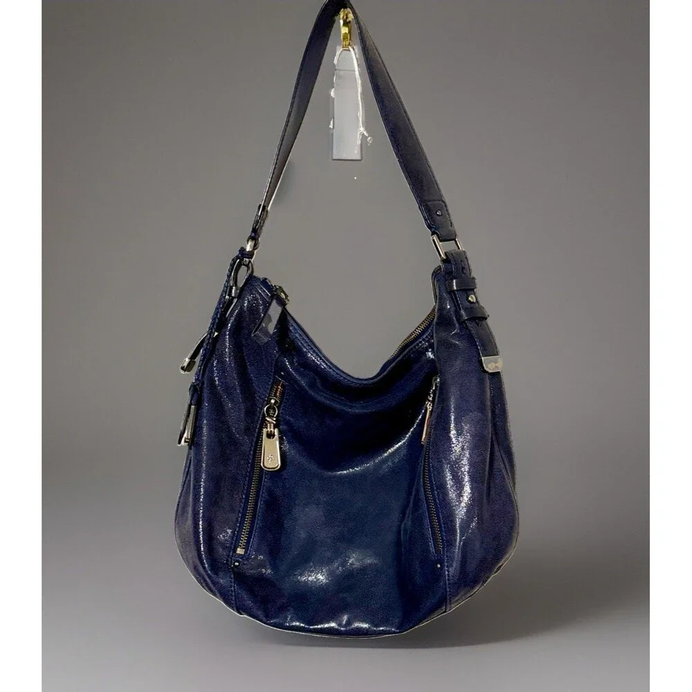 VTG Cole Haan Blue Crackle Patent Leather Slouchy Hobo Handbag Silver/ Gold Zip